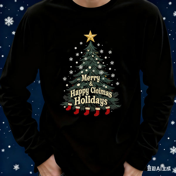 Santa Claus Pattern Men's Long Sleeve T-shirt Funny Christmas Tree Print Loose Tops Autumn Fashion X'mas Tees New Year Clothing