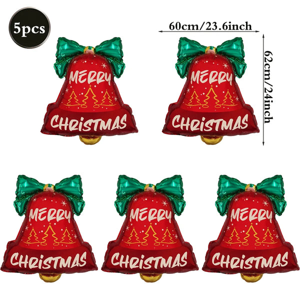 5Pcs Christmas Balloons Red Green Bow Bell Wreath Hanging Christmas Ball Foil Balloons Xmas Party Holiday Celebration Decoration