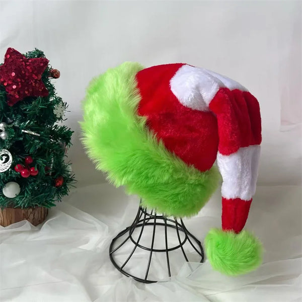 Splicing Christmas Santa Hat Xmas Long Plush Holiday Red Hat For Woman And Man