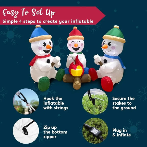 6 FT Long Christmas Inflatable Snowman with Campfire 3 Pack Small Snowman with Built-in LEDs Christmas Blow Up Yard Decoration
