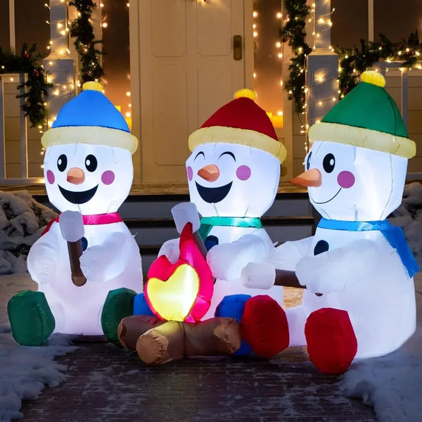 6 FT Long Christmas Inflatable Snowman with Campfire 3 Pack Small Snowman with Built-in LEDs Christmas Blow Up Yard Decoration