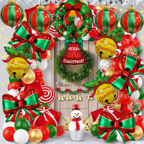 5Pcs Christmas Balloons Red Green Bow Bell Wreath Hanging Christmas Ball Foil Balloons Xmas Party Holiday Celebration Decoration