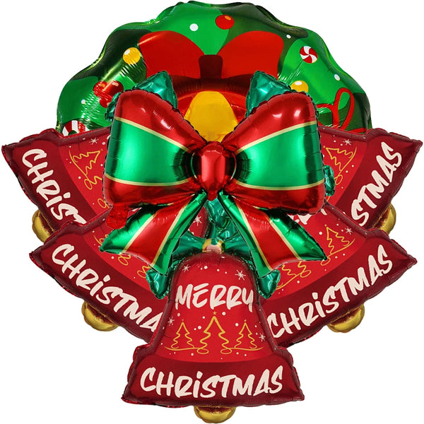 5Pcs Christmas Balloons Red Green Bow Bell Wreath Hanging Christmas Ball Foil Balloons Xmas Party Holiday Celebration Decoration