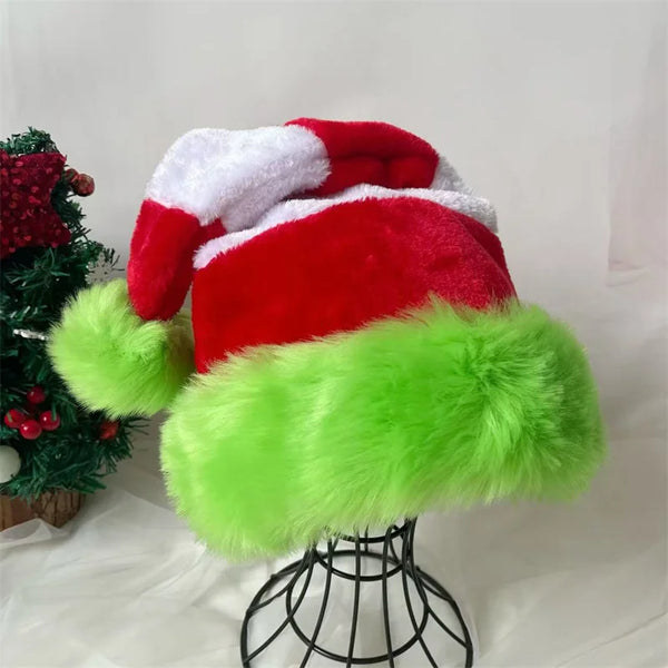 Splicing Christmas Santa Hat Xmas Long Plush Holiday Red Hat For Woman And Man