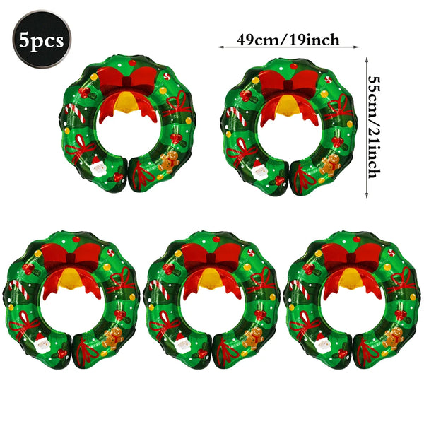 5Pcs Christmas Balloons Red Green Bow Bell Wreath Hanging Christmas Ball Foil Balloons Xmas Party Holiday Celebration Decoration
