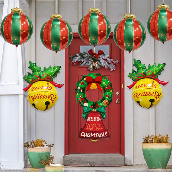 5Pcs Christmas Balloons Red Green Bow Bell Wreath Hanging Christmas Ball Foil Balloons Xmas Party Holiday Celebration Decoration