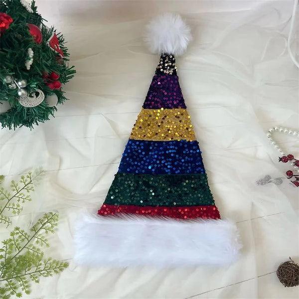 Splicing Christmas Santa Hat Xmas Long Plush Holiday Red Hat For Woman And Man