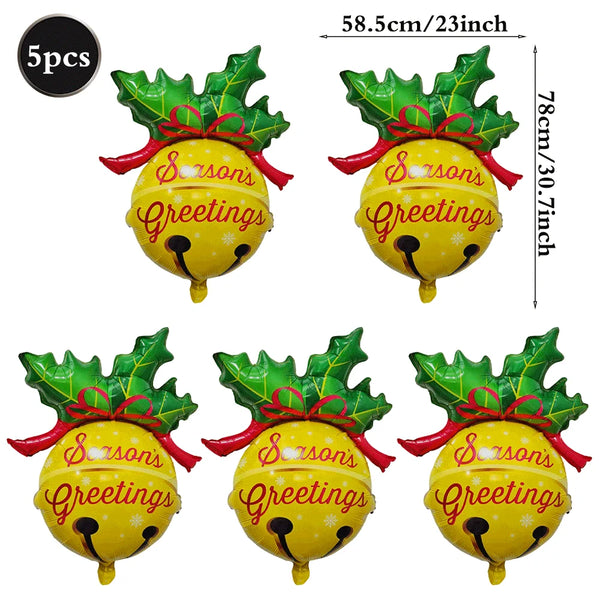 5Pcs Christmas Balloons Red Green Bow Bell Wreath Hanging Christmas Ball Foil Balloons Xmas Party Holiday Celebration Decoration