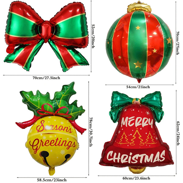 5Pcs Christmas Balloons Red Green Bow Bell Wreath Hanging Christmas Ball Foil Balloons Xmas Party Holiday Celebration Decoration