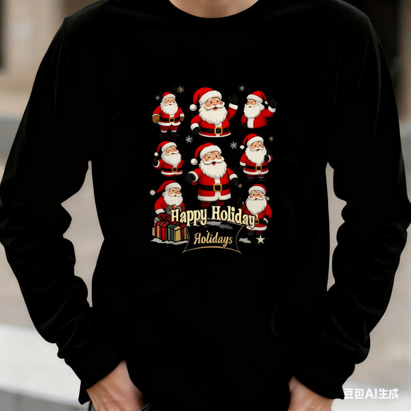 Santa Claus Pattern Men's Long Sleeve T-shirt Funny Christmas Tree Print Loose Tops Autumn Fashion X'mas Tees New Year Clothing