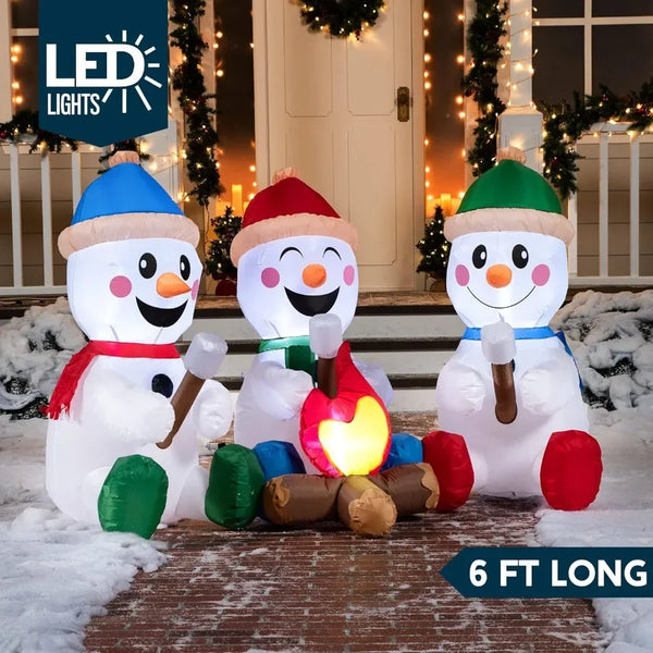 6 FT Long Christmas Inflatable Snowman with Campfire 3 Pack Small Snowman with Built-in LEDs Christmas Blow Up Yard Decoration